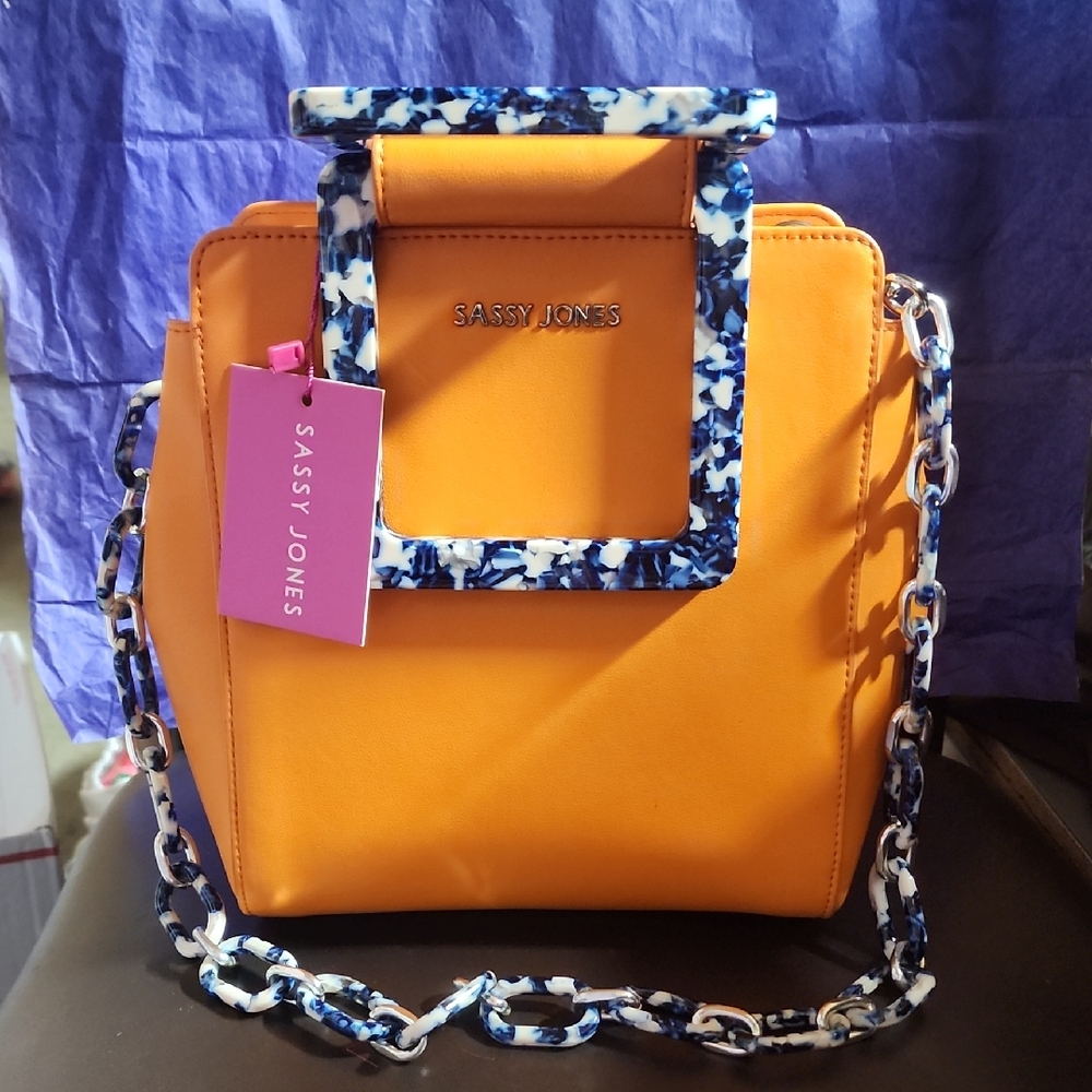 Sassy Jones Orange Leather Satchel/Shoulder Bag W/ Blue Marbled Lucite Handles